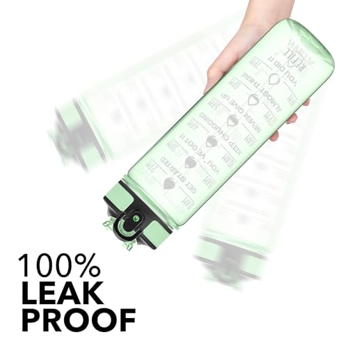 Hyeta Water Bottle with Straw & Time Marker, Plastic 32oz Leakproof | Motivational Tritan BPA Free Gym Office Outdoor Intake Tracker Hourly Reminder Straw Lid Carry Strap - color: Clear Green