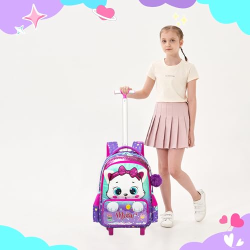 Rolling Backpack with Wheels for Girls Kids Cute Cat Rolling Backpack with Lunch Bag and Pencil Case Set Kids Travel Luggage for Elementary Girls Ages 5-12 - color: 01 Purple Cat