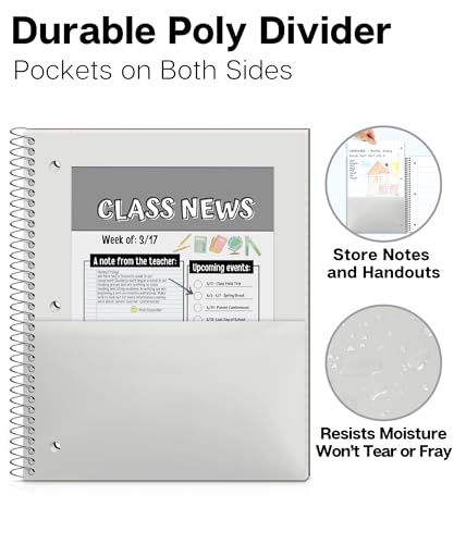 Dunwell 1 Subject Spiral Notebook (Black), Plastic Cover, 100 Sheets (200 Pages) 8x10.5 Paper, Wide Ruled for Easy Writing, 3-Hole Punched Perforated Pages, Divider with Pockets - color: Black