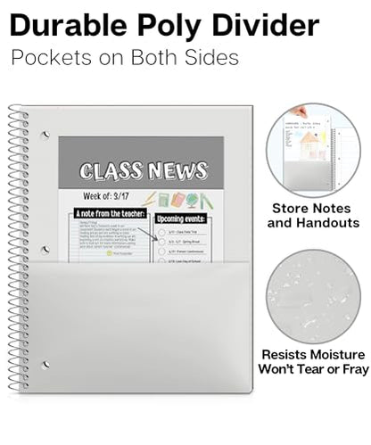 Dunwell 1 Subject Spiral Notebook (Black), Plastic Cover, 100 Sheets (200 Pages) 8x10.5 Paper, Wide Ruled for Easy Writing, 3-Hole Punched Perforated Pages, Divider with Pockets - color: Black