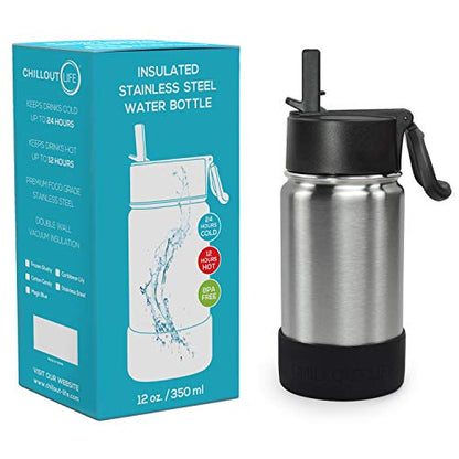 CHILLOUT LIFE 12oz Kids Insulated Stainless Steel Water Bottle with Leak Proof Straw Lid & 144 Stickers - color: Stainless Steel, style: 12 oz