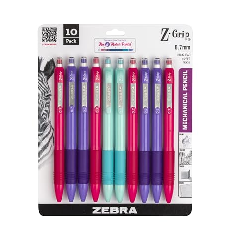 Zebra Pen Z-Grip Mechanical Pencil, 0.7mm #2 HB, Bright Barrels, 10-Pack | Latex-Free Grip, Smooth Writing, Comes Pre-Loaded with Lead and Eraser, Refillable, Ideal for School Supplies (50710) - color: Assorted Brights A