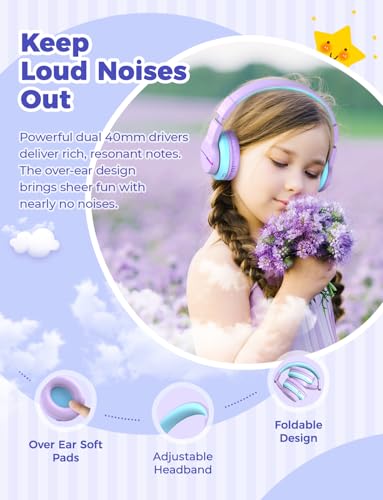 iClever BTH12 Kids Bluetooth Headphones,Colorful LED Lights Kids Headphones Wireless,74/85dBA Safe Volume,85H Playtime,Fast Charging,Bluetooth 5.2,Over Ear,Built-in Mic for iPad/Tablet/Airplane,Purple - color: Purple