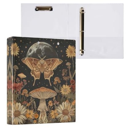 Moth Mushroom Flower Printed 3-Ring Binder for School Office, 1.5 Inch Round Ring Binder for Home Recipe Budget Aesthetic Binder with Pocket Metal Non-Slip Clip Holds 200 Sheets of Paper - color: Moth Mushroom Flower