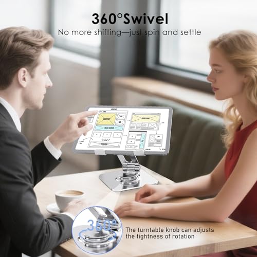 Tablet Stand, Aluminum 360° Rotating Holder Fits 4-13" Tablets | Foldable adjustable design, compatible for iPad Pro/Air/Mini, Surface Pro, Samsung Galaxy Tab, Kindle, silver