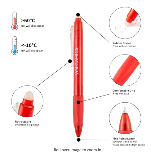 Volcanics Erasable Gel Pens Red Ink, 12 Pack Retractable Clicker Gel Ink Pen, 0.7mm,Fine Point Smooth Writing for Office Work Journaling - color: Red