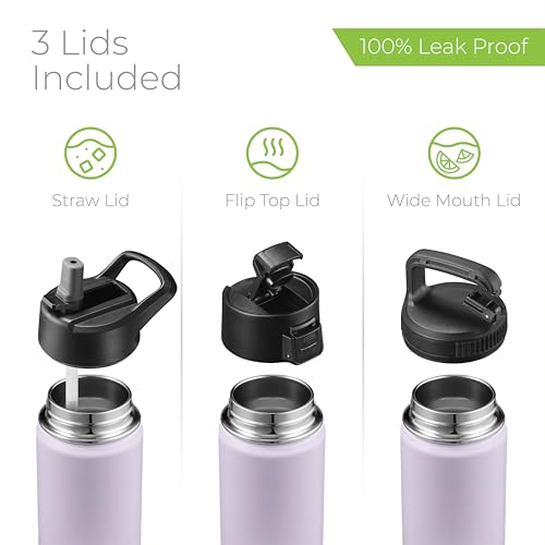 SipX™ 18 oz Insulated Water Bottle with 3 Lids – Leakproof Stainless Steel, Triple Insulated – Cold 24 Hours/Hot 12 Hours – Durable Bottle for School, Gym, Travel – Purple - color: Purple, size: 18 Ounces