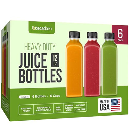 DECADORN 12 oz Plastic Juice Bottles With Caps - 6 Pack MADE IN USA Juicing Bottles Reusable - Juice Container For Fridge - Shatterproof, BPA-Free, Leak proof, Disposable & Recyclable - size: 12 oz 6 Pack