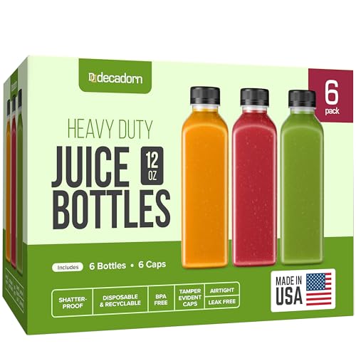 DECADORN 12 oz Plastic Juice Bottles With Caps - 6 Pack MADE IN USA Juicing Bottles Reusable - Juice Container For Fridge - Shatterproof, BPA-Free, Leak proof, Disposable & Recyclable - size: 12 oz 6 Pack