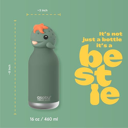asobu Bestie Bottle Limited Edition Collectible Kids Water Bottle with Animal Character Lid 16oz (460ml) Insulated Stainless Steel, Leakproof, Reusable with Straw Fun Gift for Girls & Boys - color: SHELDON THE TURTLE