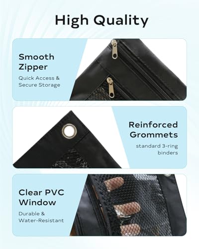 Pencil Pouch for 3 Ring Binder - 3 Hole Zipper Pen Case Bag Holder Bulk Accessories Clear Window Aesthetic Organizer Pockets - color: Black
