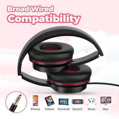 TuneFlux Upgraded Kids Headphones, Wired Toddler Headsets, 85dB Limited Volume On Ear Headphones, Portable Foldable Design, Stereo Sound Kids Headsets for School/Tablet/Travel-Black Red - color: Black Red
