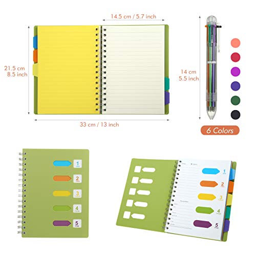 KESOTE 5 Subject Spiral Notebook with Divider Tabs, A5 Wide Ruled 5.7" × 8.5" Hardcover Tabbed Notebook Journal, 240 Pages, Green - color: Green