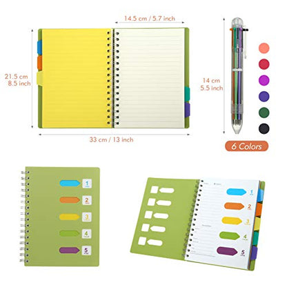 KESOTE 5 Subject Spiral Notebook with Divider Tabs, A5 Wide Ruled 5.7" × 8.5" Hardcover Tabbed Notebook Journal, 240 Pages, Green - color: Green
