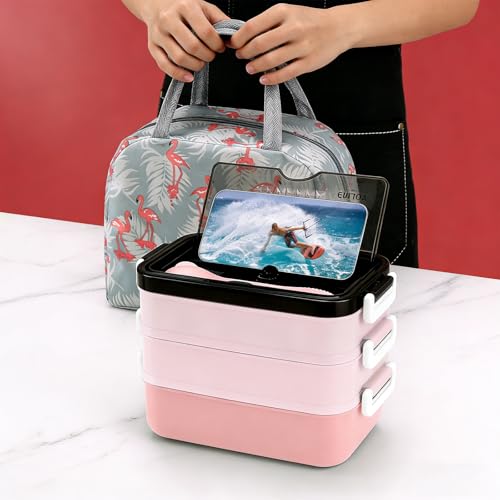 3-Tier Lunch Box for Women, Adult Lunch Box with Insulated Lunch Bag | 60 fl oz Large Capacity Bento Box with BPA-Free Utensils & Sauce Container, Leakproof, Microwave Safe for Work & Meal Prep - color: Pink(3-Tiers)