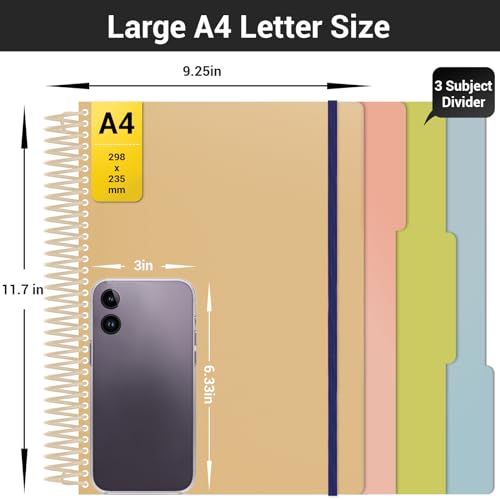 EUSOAR 3 Subject Notebook College Ruled, A4 9.25" x 11.7" Large Lined Spiral Notebook Journal, PP Hardcover Cute Notebook 240 Pages 90gsm Thick Paper with Pocket for Work Office School Supplie - color: Yellow, style: A4 Lined