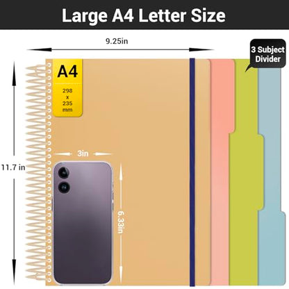 EUSOAR 3 Subject Notebook College Ruled, A4 9.25" x 11.7" Large Lined Spiral Notebook Journal, PP Hardcover Cute Notebook 240 Pages 90gsm Thick Paper with Pocket for Work Office School Supplie - color: Yellow, style: A4 Lined