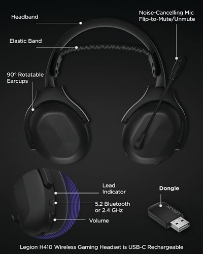 Lenovo Legion H410 Wireless Gaming Headset, Bluetooth or 2.4 GHz USB-A Connection, Lightweight (304 Grams), Adjustable Headband, Flip to Mute Mic, Black