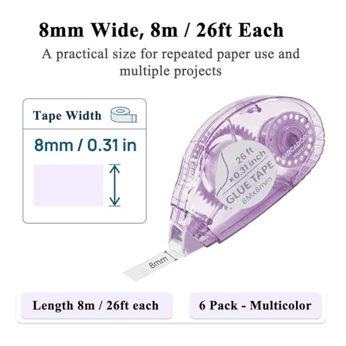MARCADORUS Glue Tape Roller, 6 Pack Double Sided Tape Roller for Crafts, 26ft x 0.31in Acid-Free Scrapbook Tape Runner, Glue Runner for Scrapbooking Supplies, Journaling, Card Making & Gift Wrapping.