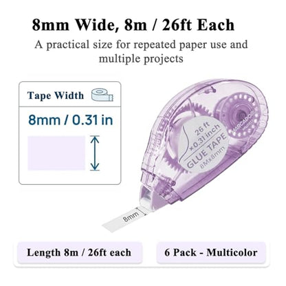 MARCADORUS Glue Tape Roller, 6 Pack Double Sided Tape Roller for Crafts, 26ft x 0.31in Acid-Free Scrapbook Tape Runner, Glue Runner for Scrapbooking Supplies, Journaling, Card Making & Gift Wrapping.