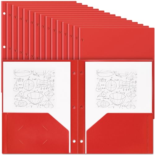 Yeaqee 50 Pcs Plastic Folders with Pockets Bulk 3 Hole Punched 2 Pocket File Folders for 3 Ring Binder Divider Folder for Notebooks, Durable Poly for Office Home (Red) - color: Red