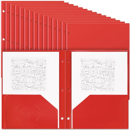 Yeaqee 50 Pcs Plastic Folders with Pockets Bulk 3 Hole Punched 2 Pocket File Folders for 3 Ring Binder Divider Folder for Notebooks, Durable Poly for Office Home (Red) - color: Red