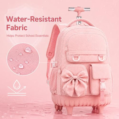 HPJGD 3PCS Girls Rolling Backpack, Pink Bow Tie Wheeled School Backpacks, Water-Resistant Roller Bookbag Set - color: Pink Bowknot Rolling Backpack Set