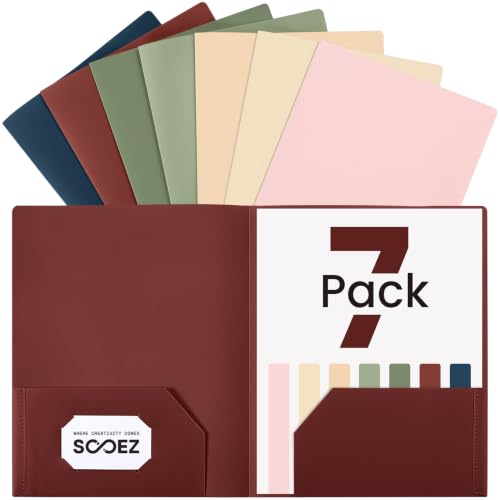 Sooez 7 Pack Folders with Pockets, 2 Pocket Folders with Extra Labels, Plastic Folder with Pockets, Heavy Duty File Folder Bulk, School Business Office Filing Supplies, Warm Colors - color: Warm Colors