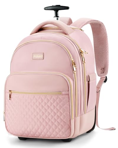 Arcoyard Small Rolling Backpack, 14.3 Inch Underseat Carry On Luggage With Wheels For Adults, Wheeled Backpack for Women, Travel Roller Bag, Pink