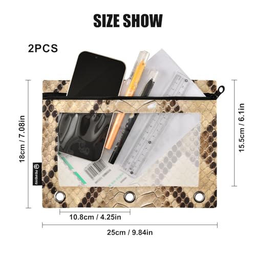 2 Pack 3 Ring Binder Pencil Pouch Snake Print Pencil Case Pencil Bags with Zipper, Clear PVC Binder Pockets for Office Daily Supplies - color: Color 4