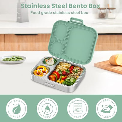 Pawtong Stainless Steel Bento Lunch Box for Kids | 3-Compartment Lunch Box Container Kids | 100% Leakproof, Eco-Friendly, Perfect Portion Control for Kids&Adult Healthy Meals (Green) - color: Green