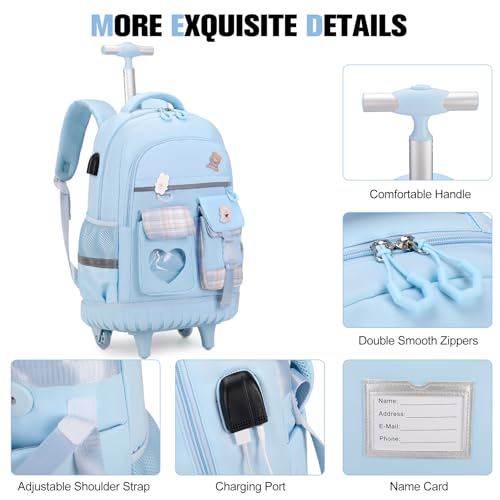 ACESAK Rolling Backpack for Girls - Roller Wheels School Bookbag with Lunch Bag & Pencil Pouch for Teen Girls Kids Wheeled Suitcase Backpacks, Elementary Middle School Travel Daypack (Blue) - color: Blue