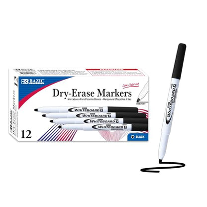 BAZIC PRODUCTS Black Fine Tip Dry Erase Markers, Low-Odor, 12 Count Box | low-odor ink, Wipes clean, no ghosting on whiteboards, Bulk classroom box, ASTM D-4236