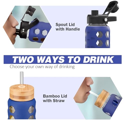 MUKOKO Glass Water Bottle, 32oz, Blue | Glass Tumbler with Straw, Drinking Bottles with 2 Lids-Handle Spout Lid & Bamboo Straw Lid, Silicone Sleeve, 1 Pack - color: Bule, size: 32 Ounces