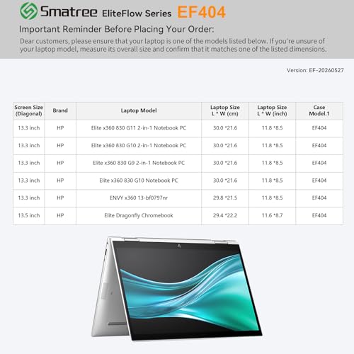 Smatree EliteFlow Laptop Sleeve for 13.3 inch HP Elite x360 830 G10/830 G11/G10/G9 2-in-1, for Envy x360 13-bf0797nr, for 13.5 inch HP Elite Dragonfly Chromebook, Protective Case (EF404) - size: 2.03| for HP 13.3" Elite/Chromebook/ENVY(EF404)