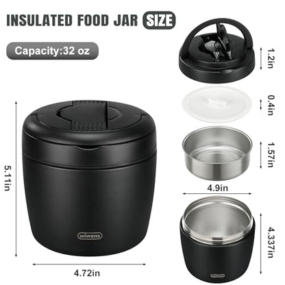 wiwens Thermo Food Jar for Hot Food Adults 32OZ Soup Thermo Lunch Containers Wide Mouth Vacuum Insulated Stainless Steel Leakproof Bento Box with Spoon (Black) - color: Black