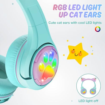 Riwbox CF9 Cat Ear Kids Bluetooth Headphones with LED Light Up,Safe 85dB Volume Limit,Built-in Mic&Boom Mic for Calls,Kids Wireless&Wired Headphones for Tablet/Airplane/School/Online Learning (Green) - color: Green