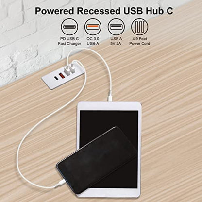 Powered USB C Hub Socket Recessed USB C Power Strip Outlet with Fast Charge 4 USB Ports 20W Mounted into Bed Desk Table Sofa (White) - color: White