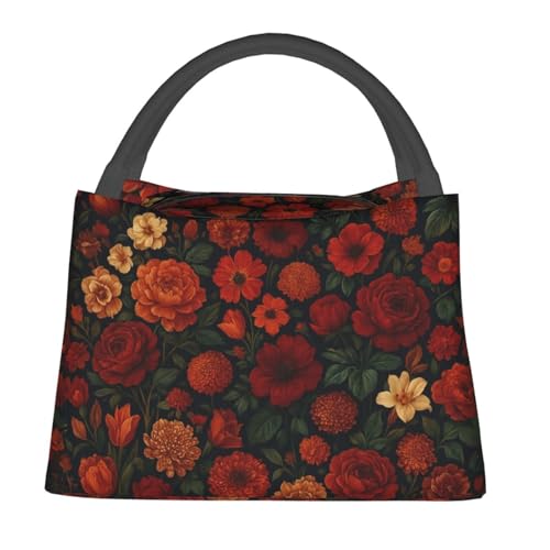 Vintage Flower Reusable Lunch Box, Dark Floral Lunchbox for Girls Women, Insulated Lunchbag, 11in*6.3in*6.7in, Gifts Makeup Bag, Portable Handbag for School Picnic Work Travel Beach or Hiking - color: Flower