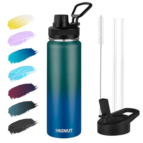 MEZMUT 24oz Stainless Steel Metal Sports Insulated Water Bottle(Green/Blue） | Leak-Proof Reusable Travel Cup for Man, Double Wall Vacuum Cold Water Bottle with Straw and 2 Lids for Hiking, Camping, Gym - color: Green Blue, size: 24 Ounces