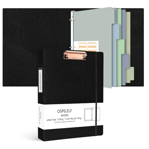 Ospelelf 3 Ring Clipboard Binder 1 Inch Leather for Letter Size (8.5" x 11"), Clipboard Binder with 5 Tab Dividers, Black - color: Black, size: Letter Size - 1 Inch