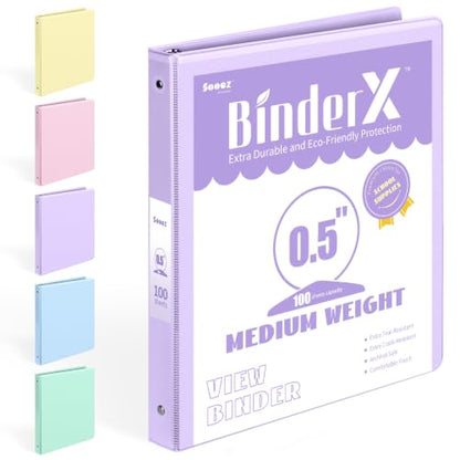 BinderX Extra Durable 3 Ring Binder, Round Rings 0.5 Inch Binder, Fits 100 Sheets of 8.5x11 Paper, Customizable View Cover with Inside Pockets, Cute 0.5" Binders, 1/2 Inch 1 Pack, Lavender - color: Lavender Purple, size: 0.5 inch