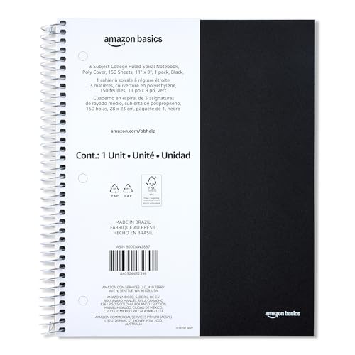 Amazon Basics College-Ruled 3-Subject Spiral Notebook, 150 Sheets, 8.5 x 11 inches, Black - color: Black, style: College Ruled 150 Sheets