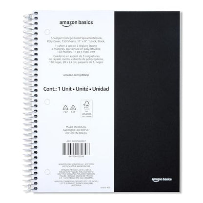 Amazon Basics College-Ruled 3-Subject Spiral Notebook, 150 Sheets, 8.5 x 11 inches, Black - color: Black, style: College Ruled 150 Sheets