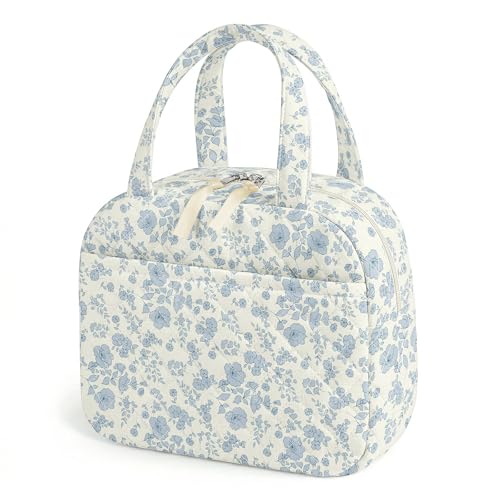 WOBAGMEN Quilted Lunch Box for Women,Coquette Aesthetic Lunch Box for Teen Girls,Cute Floral Lunch Bags for Work, School,Office,Picnic,Travel (Cute Blue Floral) - color: Cute Blue Floral