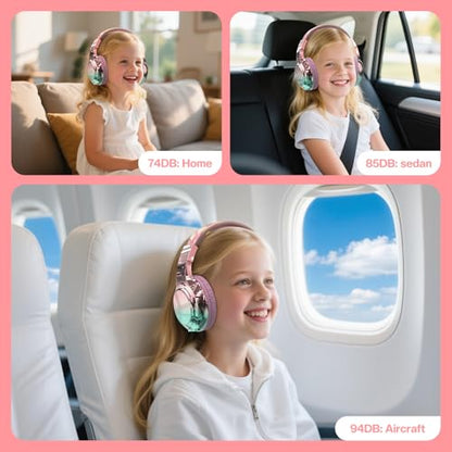 QearFun Kids Bluetooth Headphones, 60H Playtime, 74/85/94dB Safe Volume Limit, Metallic Gradient Wireless Headset with HD Mic, Fast Charging, Foldable, Wired 3.5mm Mode for School/Tablet/Travels - color: Pink
