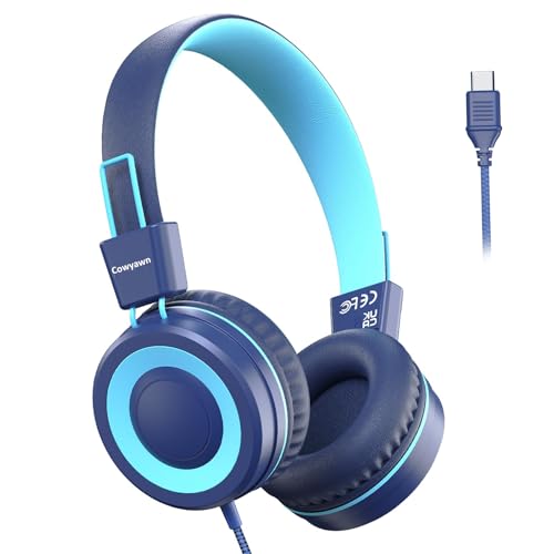 Cowyawn USB Type C Kids Headphones for School, Wired Toddler Headphones, 94dB Volume Limited, HD Stereo Sound, Foldable Lightweight On-Ear Wired Headphones for Kids/Children/Teens/Boys (Dark Blue) - color: Dark Blue