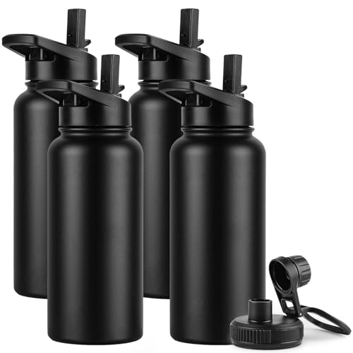 DOMICARE 32 oz Insulated Water Bottle Bulk, Vacuum Insulated Stainless Steel Sports Water Bottle with Straw Lid & Spout Lid, Leakproof, Reusable - Travel, Camping, Bike, Black (4 Pack) - color: Black, size: 32oz/4 Pack