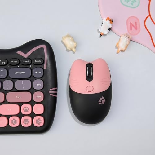 Cute Cat 2.4G USB Wireless Keyboard and Mouse Combo, Silent Keys, Candy Colors, Compatible with Notebook, PC (BlackPink-84Keys) - color: BlackPink-84Keys