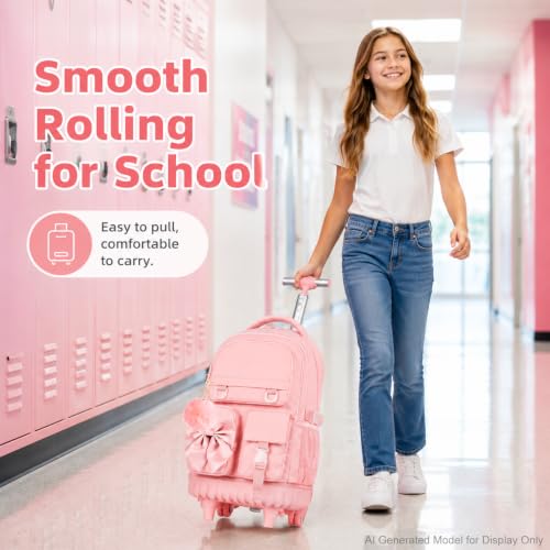 HPJGD 3PCS Girls Rolling Backpack, Pink Bow Tie Wheeled School Backpacks, Water-Resistant Roller Bookbag Set - color: Pink Bowknot Rolling Backpack Set